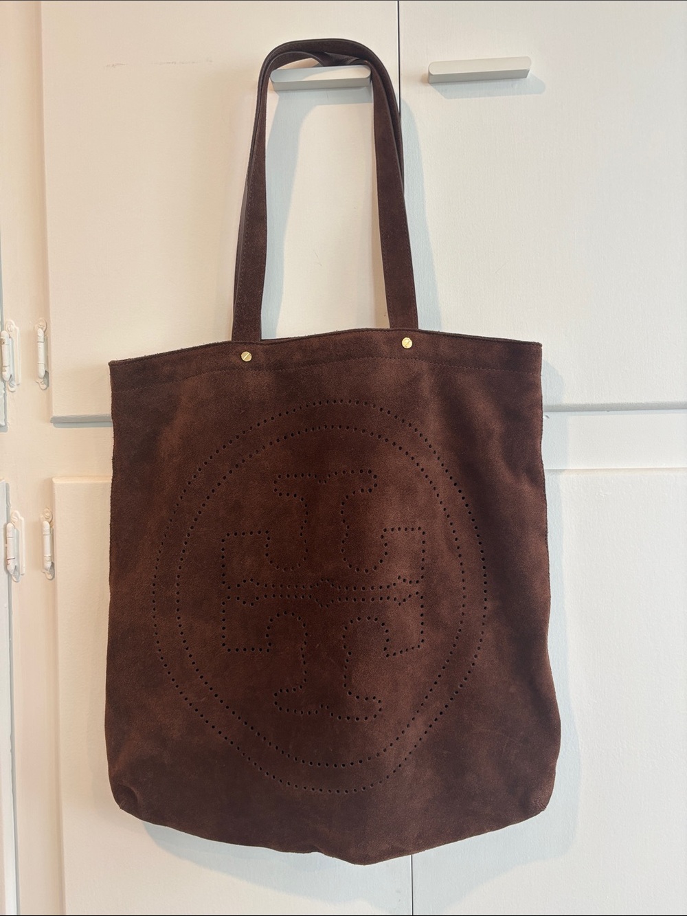 Tory Burch Dark Brown Suede Perforated Large Logo Tote